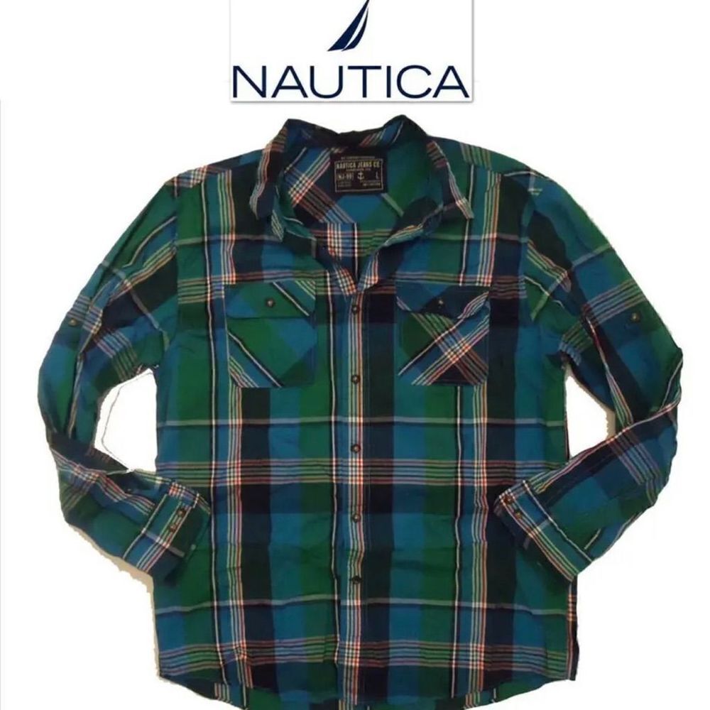NWT SZ L GREAT NAUTICA BUTTON DOWN LONG SLEEVE PLAID GREEN / BLUE SHIRT NEW